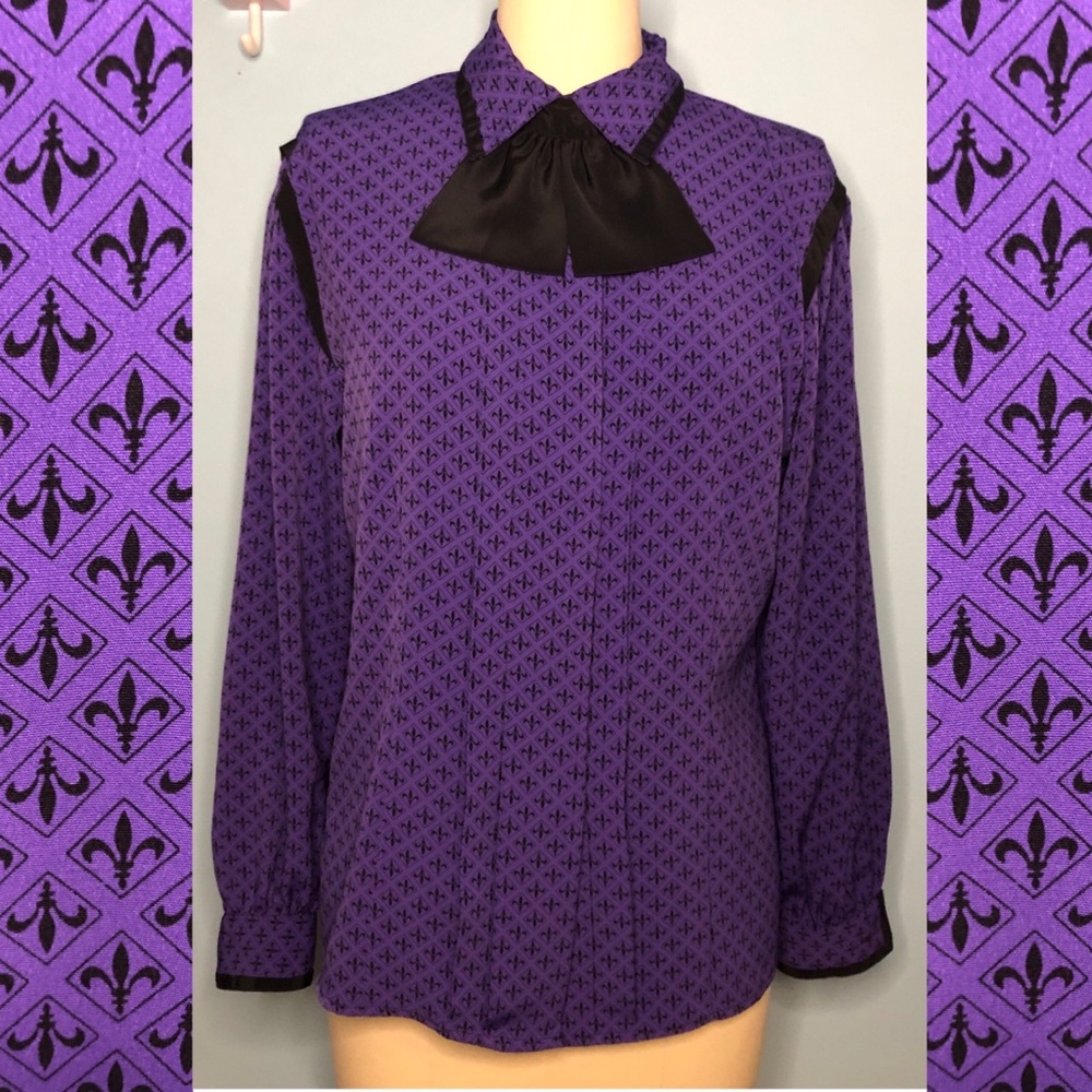 80s 90s Purple Fleur De Lis Whimsigoth Mod New Wave Romantic Prince Blouse